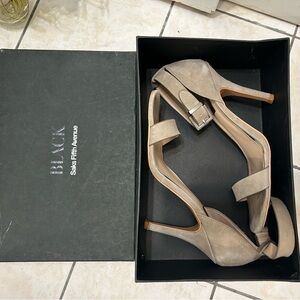 “Black Saks Fifth Avenue” Tan Suede Heel Sandals